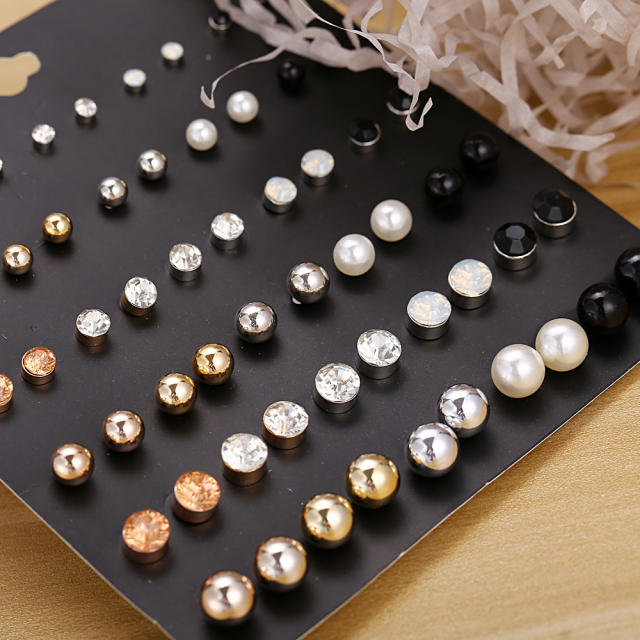 Fashion large and small pearls Diamond Crystal earings set 30 pairs