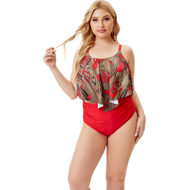 Plus size red color two piece swimwear