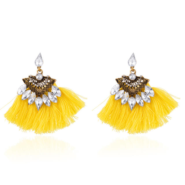 Fan-shaped rhinestone hoop tassel earrings