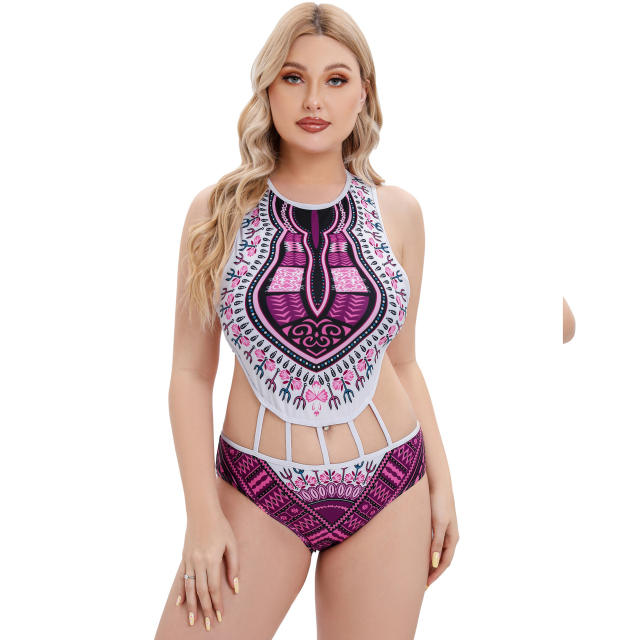 National printing back zipper one piece swimsuit
