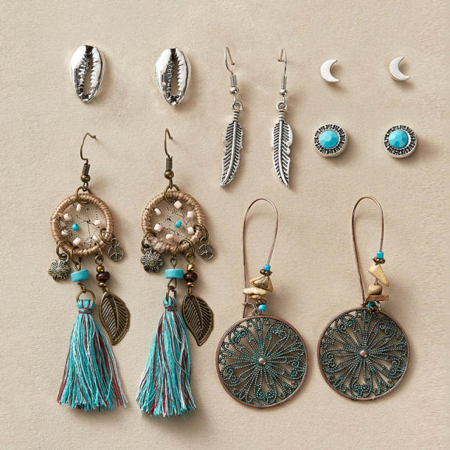 Creative retro ethnic style ear studs earrings set 6 pairs