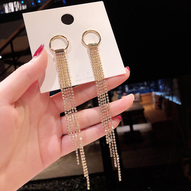 925 silver needle long-style diamond chain tassel earrings