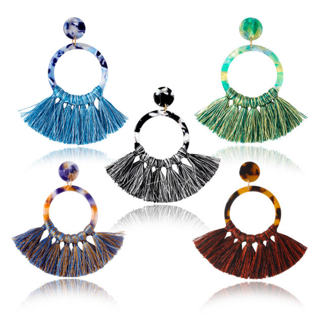 Acetate board hoop tassel earrings