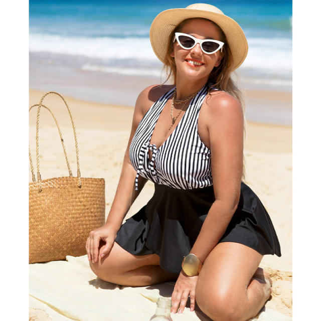 Plus size striped one piece dress swimsuit