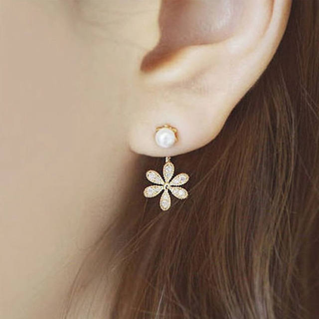 Fashion rhinestone pearl flower jacket earrings