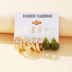 Pearl diamond studs earrings hoop earrings set 6 pairs