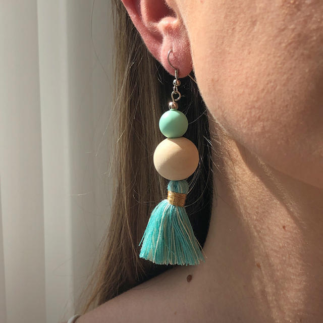 Bohemian wooden bead long-style thread tassel earrings
