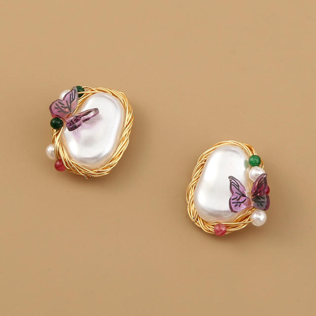 Baroque pearl butterfly studs earrings