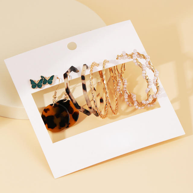 Pearl butterfly leopard print acrylic earrings set 5 pairs