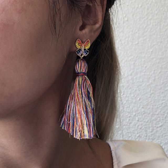 Diamond Butterfly long-style thread tassel earrings