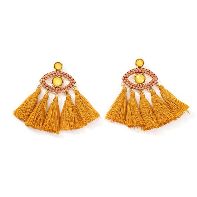 Evil's eye hoop tassel earrings