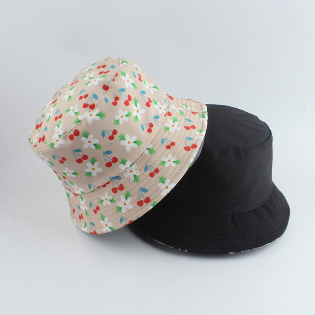 Color flower print two side bucket hat