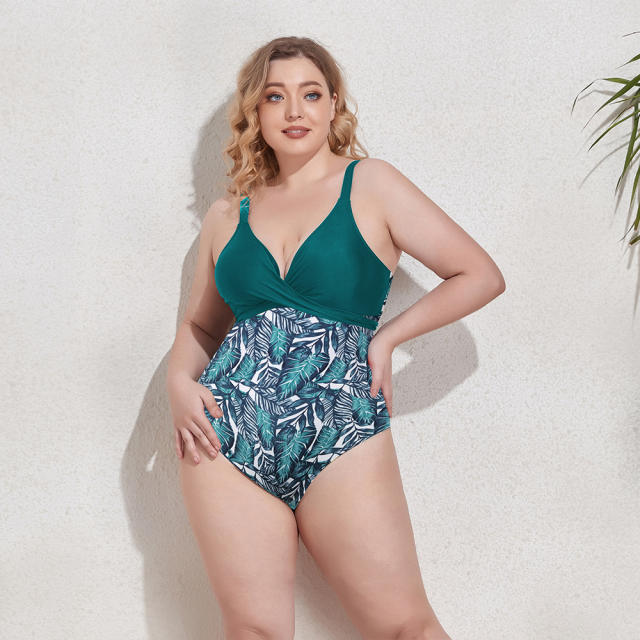 Plus size flower printing one piece swimwear