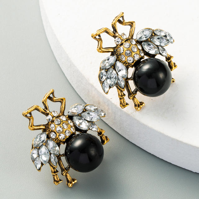 Vintage bee Pearl rhinestone-encrusted stud earrings