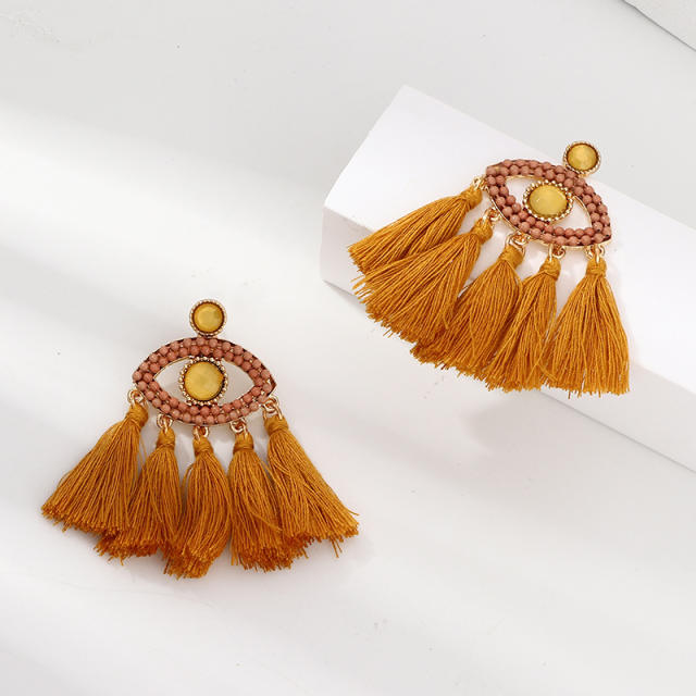 Evil's eye hoop tassel earrings