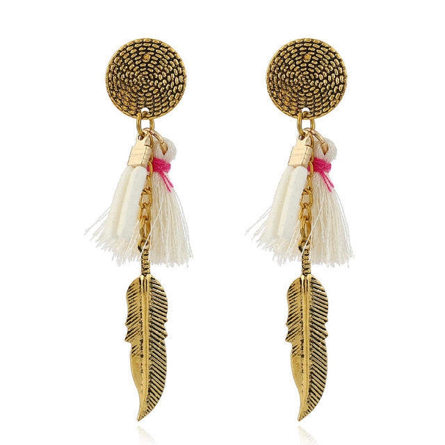 Metal leaf thread tassel earrings