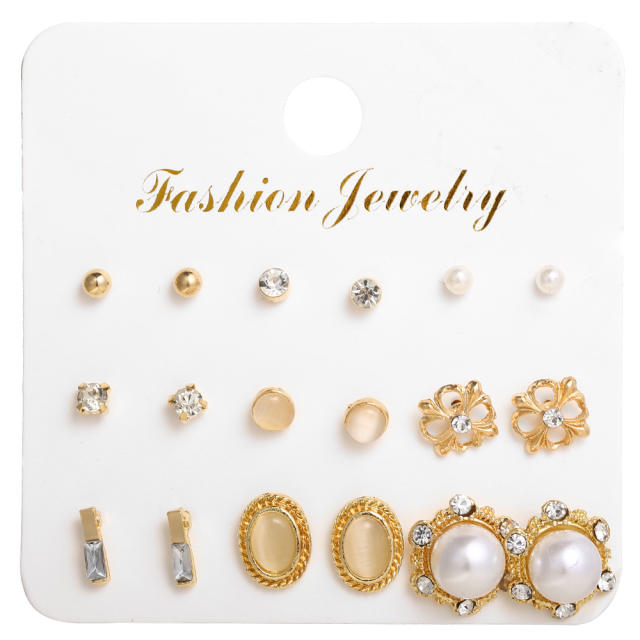 Pearl Rhinestone flower earings set 9 pairs