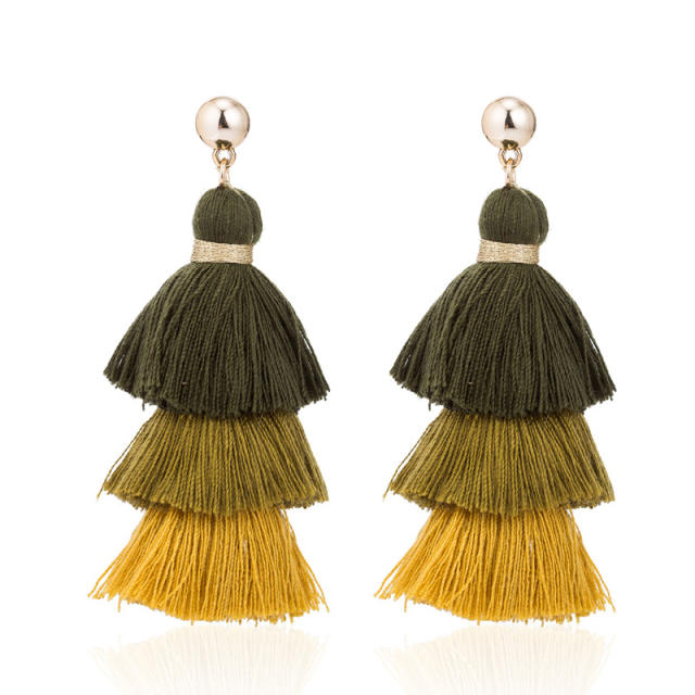 Multi-layer color mixing thread tassel earrings