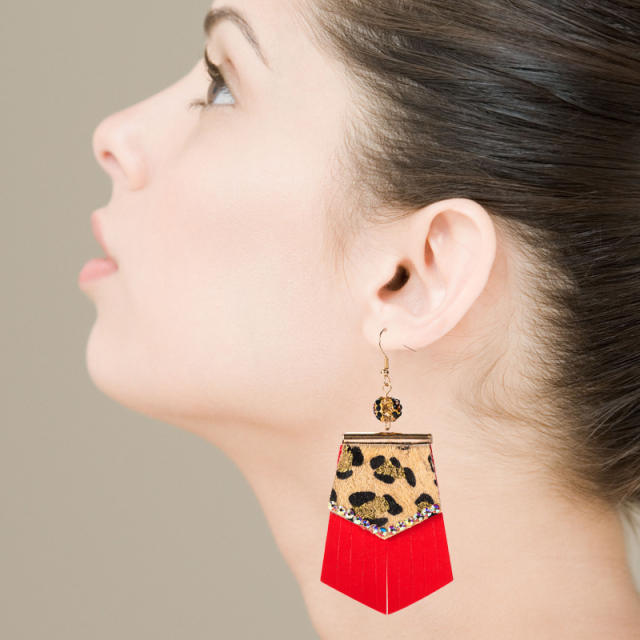 Leopard leather rhinestone thread tassel earrings