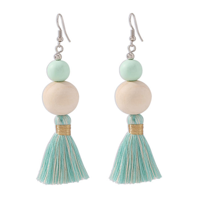 Bohemian wooden bead long-style thread tassel earrings