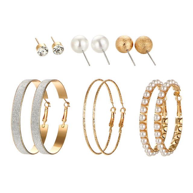 Pearl studs earrings hoop earrings set 6 pairs