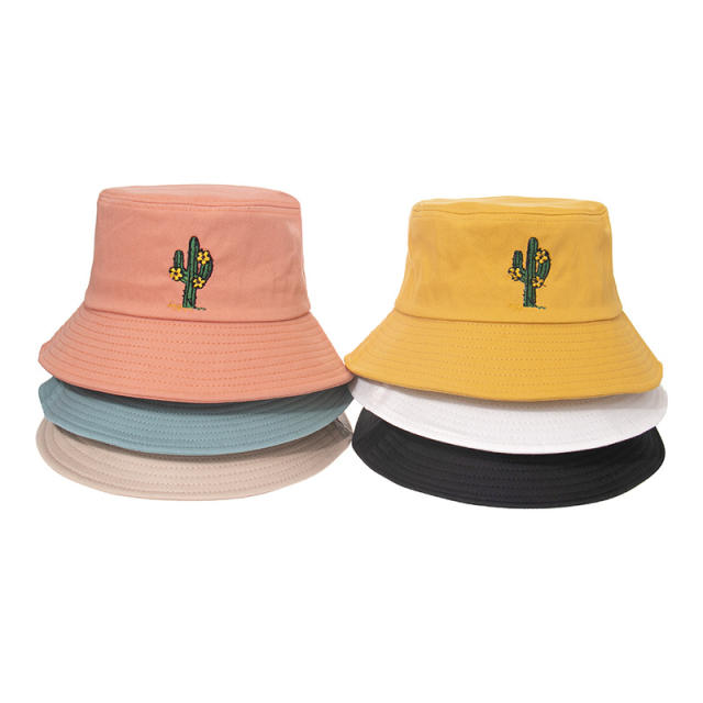 Solid color cactus embroidered bucket hat
