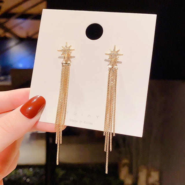 925 silver needle Star long-style diamond chain tassel earrings