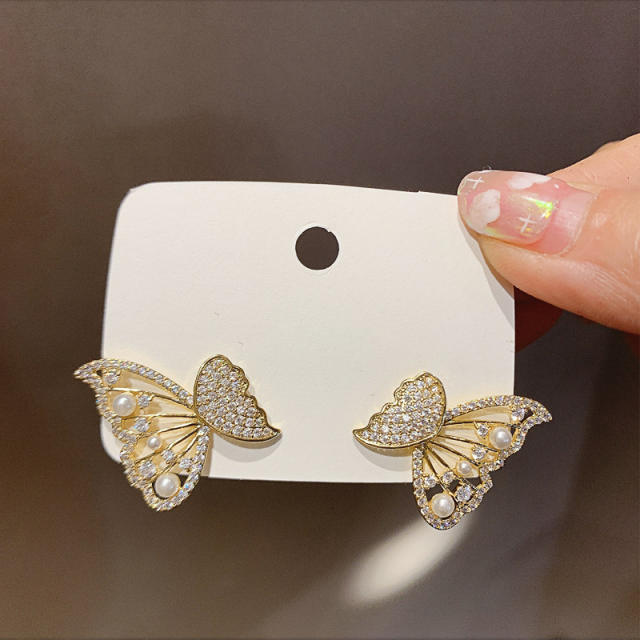 Fashion rhinestone pearl butterfly jacket earrings