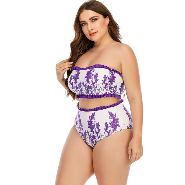 Purple color flowe print off shoulder swimsuit