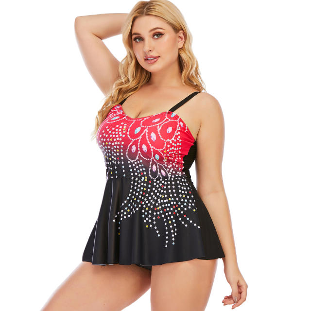 Rhinestone feather plus size skirt swimsuit