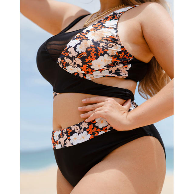 Plus size sexy mesh floral swimsuit