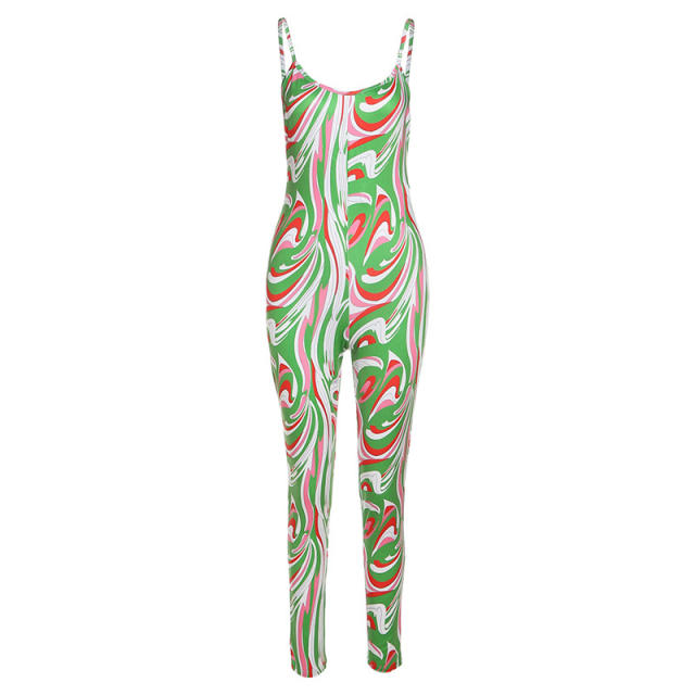 Summer pattern sexy backless jumpsuit