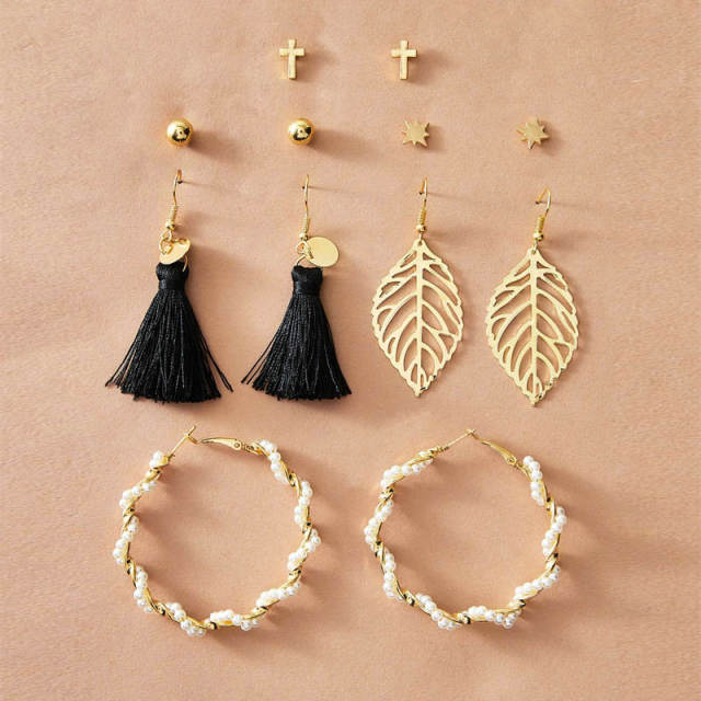 Leaf Pearl tassel cross stud earrings suit 6 pairs