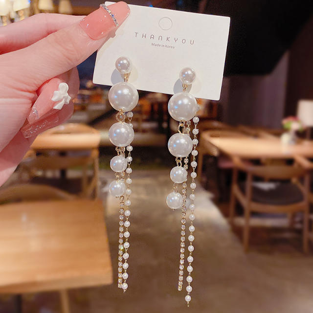 925 silver needle pearl chain diamond-studded tassel earrings