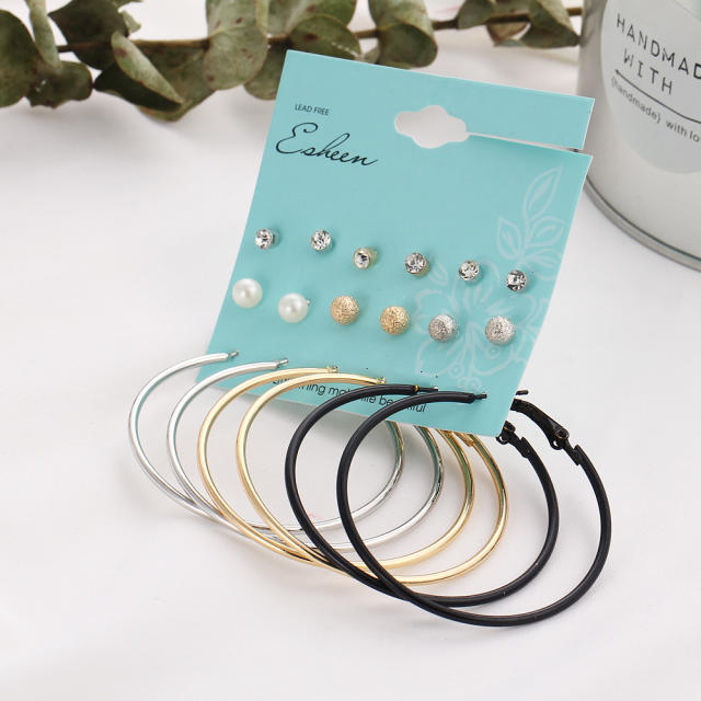 Three-color hoop earrings studs earrings set   9 pairs