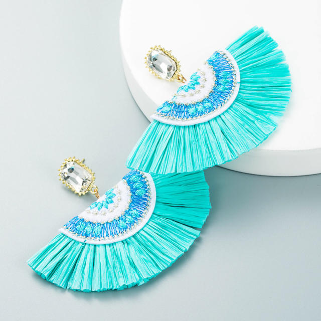 Bohemian crystal fan-shaped hoop tassel earrings