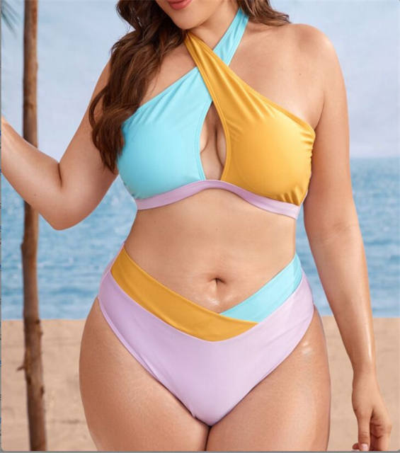 Two color high neck plus size swimwear