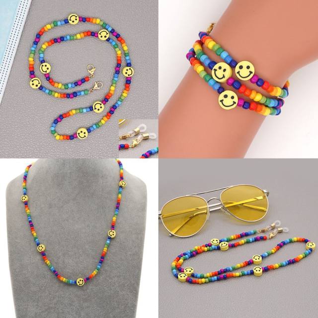 Boho seed beads smile face mask glasses chain