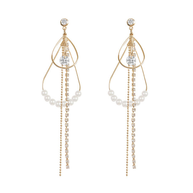 925 silver needle Pearl cubic zirconia diamond chain tassel earrings