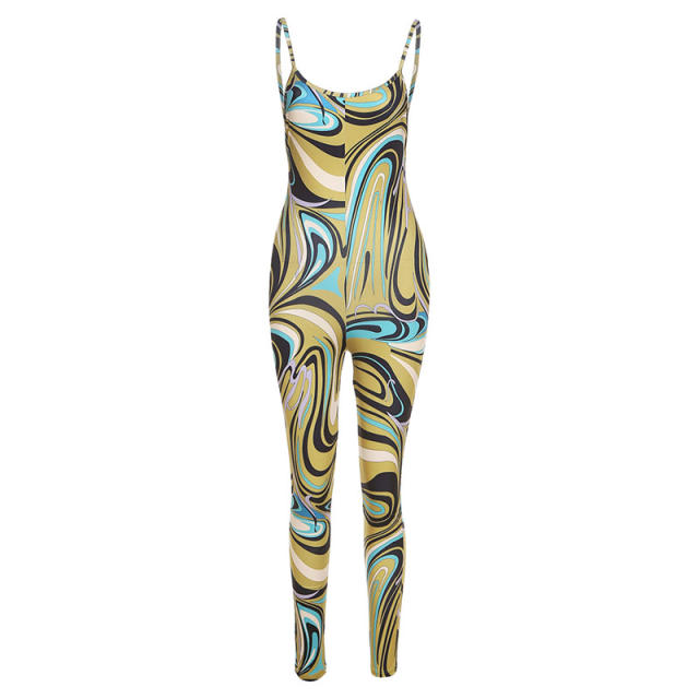 Summer pattern sexy backless jumpsuit