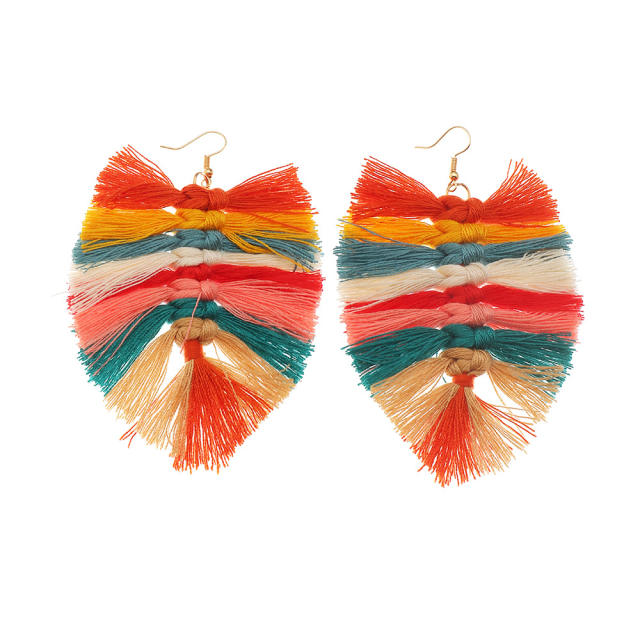 Bohemian leaf-shaped long-style thread tassel earrings