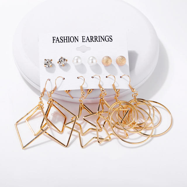 Pearl five-pointed star  circle ear studs suit 6 pairs