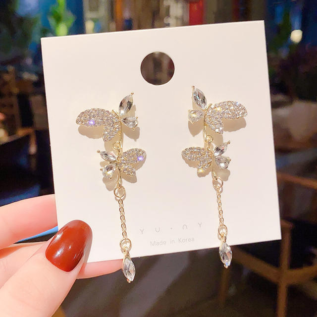 925 silver needle butterfly diamond chain tassel earrings