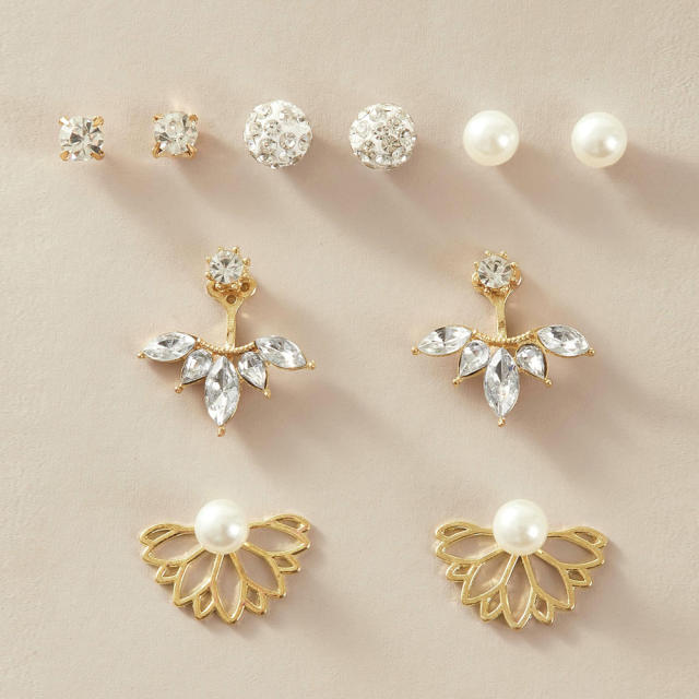 Pearl rhinestone studs earrings set 5 pairs
