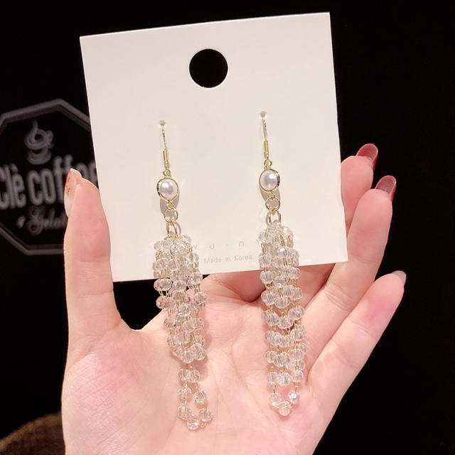 925 silver needle glass crystal beads tassel earrings