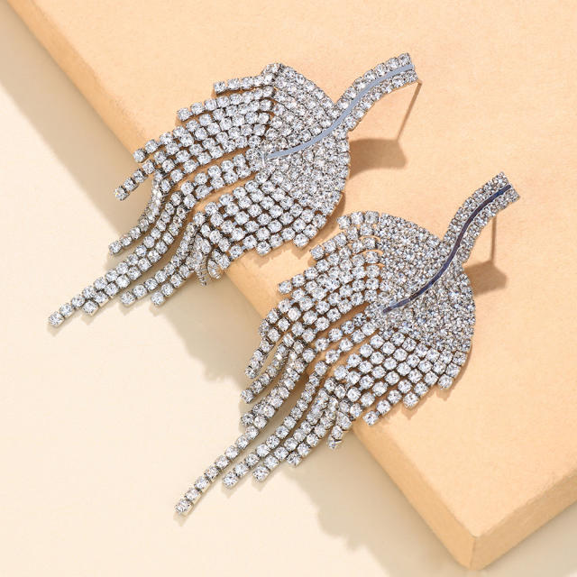 Rhinestone leaf tassel earrings