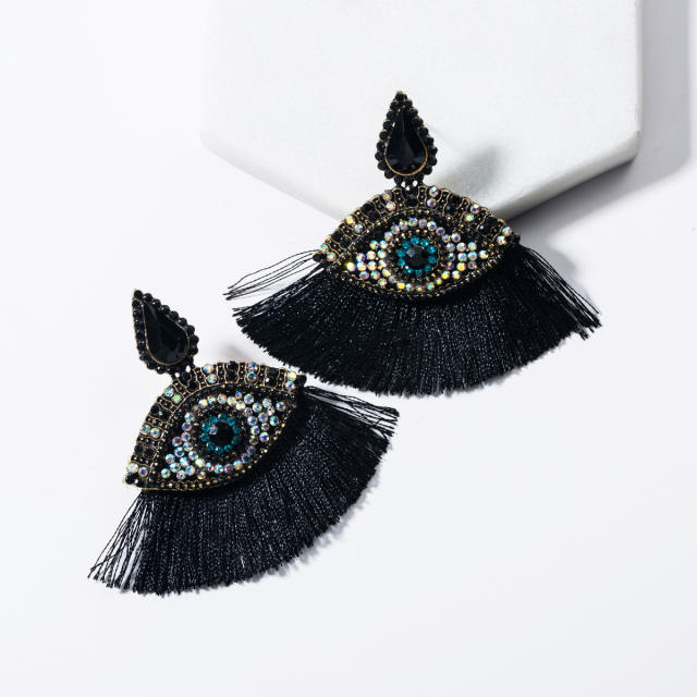 Evil's eye fan-shaped tassel earrings