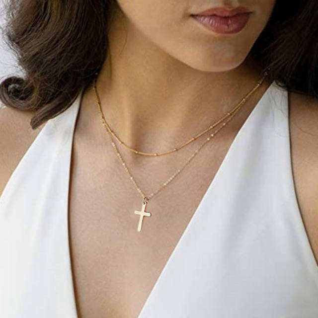 Concise two layer cross dainty stainless steel necklace