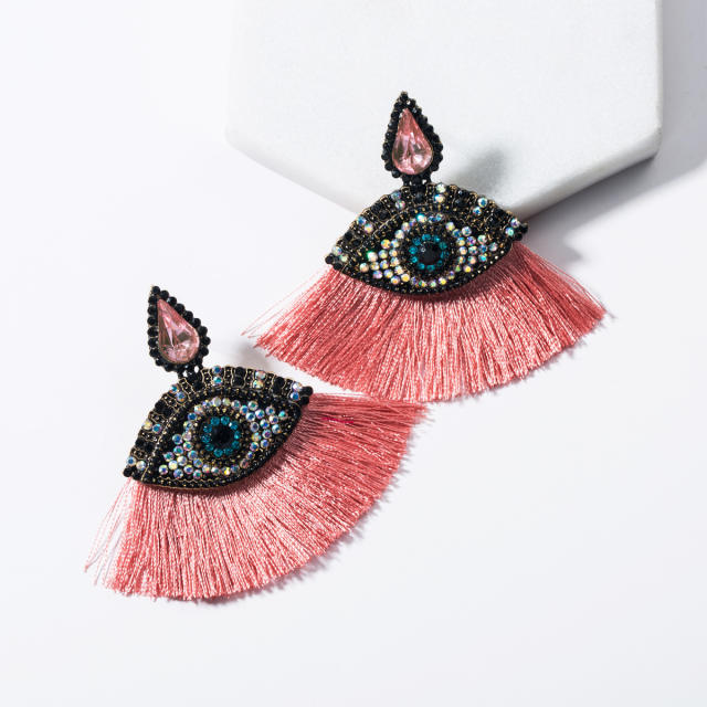 Evil's eye fan-shaped tassel earrings