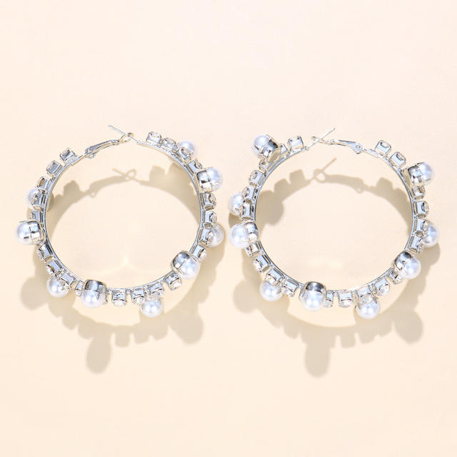 Rhinestone pearl beaded hoop earrings